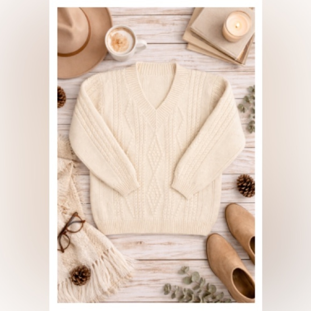 Handmade Cream Cable-Knit Wool Sweater • Heavy Chunky Knit • V-Neck - Picture 2 of 8